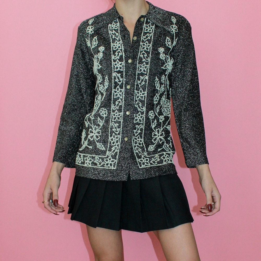 VTG 70s Black/Cream Glittery Metallic Floral Beaded Button-Up Disco Shirt